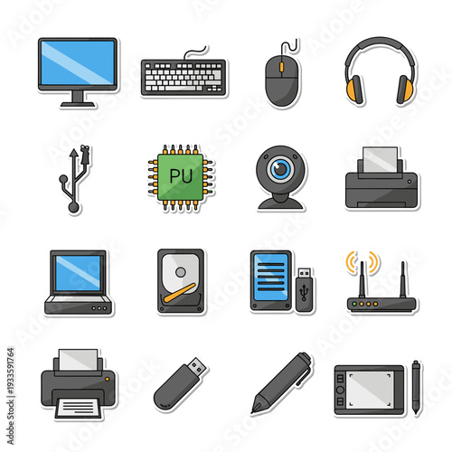 Computer Hardware and Digital Devices Icons Set Electronics Peripherals Accessories