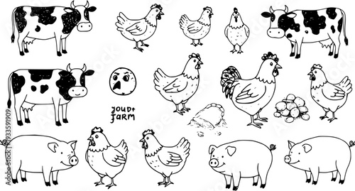 Whimsical hand-drawn cartoon farm animals collection: cows, chickens, roosters, pigs, eggs, and quirky elements for kids' designs and rustic themes.