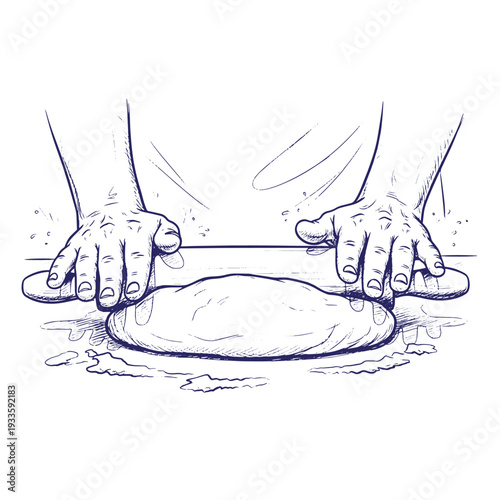 hands rolling out dough with a rolling pin on a floured surface for baking bread or pastry