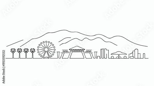 Minimal line art skyline of coachella festival with mountains and ferris wheel in background