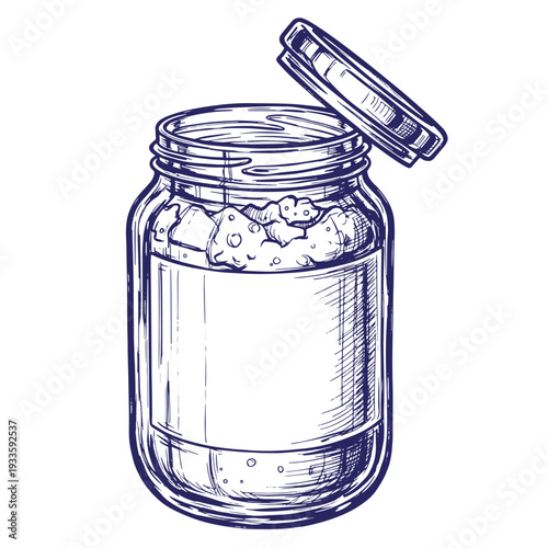 illustration of a glass jar with the lid slightly ajar containing pickled vegetables or food  preserved goods