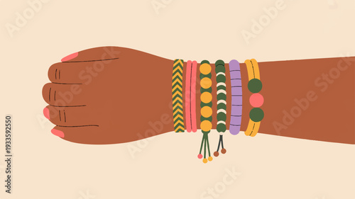 Colorful friendship bracelets on a brown arm symbolizing unity and celebration adorned with beads and threads on a beige background