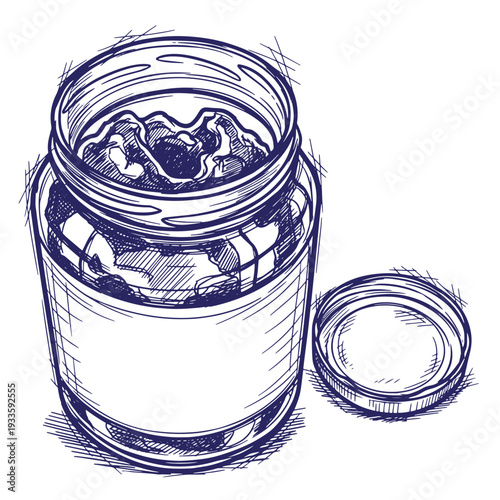 Illustration of a glass jar with its lid off and blueberries inside on white background  a still life composition