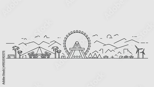 Coachella festival desert landscape with mountains stage and palm trees in black line art style