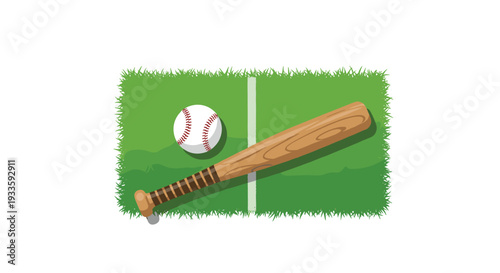 A wooden baseball bat and a white baseball are placed on a bright green grass field with a prominent white boundary line.