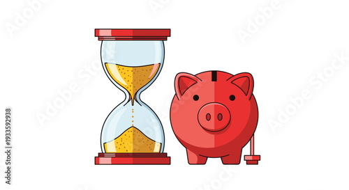 A traditional hourglass with golden sand flowing stands next to a bright red piggy bank on a clean white background.