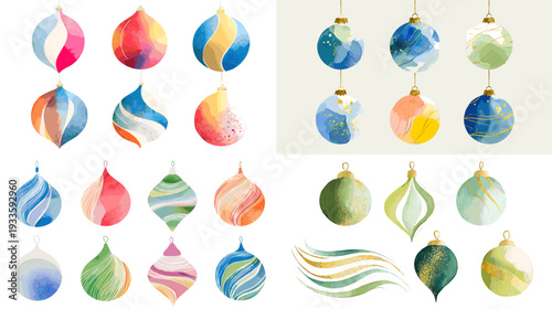 Watercolor hanging bauble collection with soft pastel Christmas ornaments and elegant painted holiday decorations isolated on white background