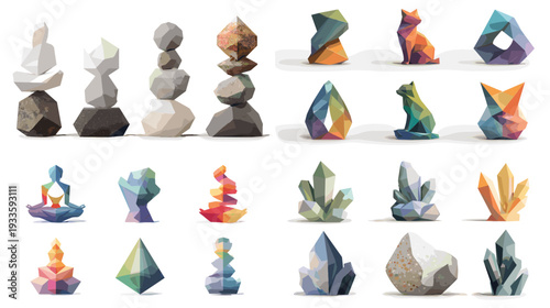 Abstract balanced stone sculptures collection with geometric rocks, crystal shapes and zen cairn stacks isolated on white background for modern nature design