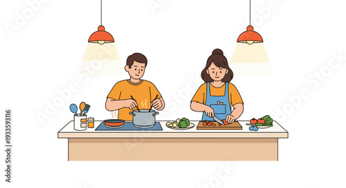 A cheerful cartoon couple, a man and a woman, are actively cooking together in a brightly lit kitchen, stirring a pot and chopping vegetables.
