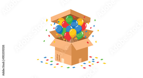 An open cardboard box, marked with an upward-pointing arrow, overflows with a vibrant assortment of colorful balloons and scattered confetti on a white background.
