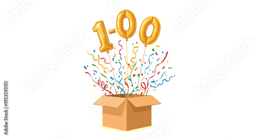 A brown cardboard box with open flaps is shown, releasing three golden foil balloons shaped 100 and a vibrant explosion of colorful confetti against a white background.