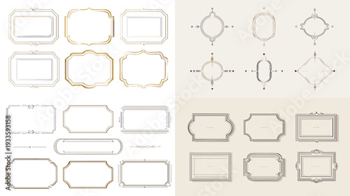Elegant vintage frames and rectangular borders in gold and beige line style. Minimal decorative template set for invitations, certificates, stationery, labels and luxury branding.