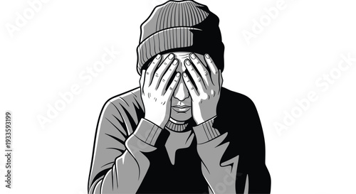A person wearing a dark beanie and a long-sleeved shirt is shown covering their face with both hands against a plain white background.
