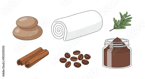 Various spa and coffee-related items, including stacked stones, a rolled towel, rosemary, cinnamon, coffee beans, and ground coffee, are neatly arranged.