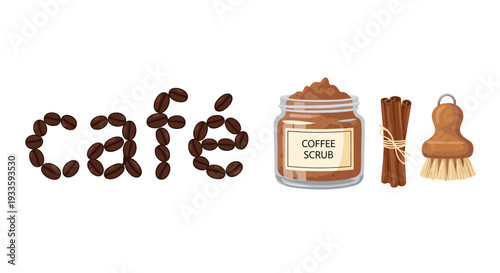 The word caf is meticulously arranged from individual coffee beans, positioned alongside a jar of coffee scrub, cinnamon sticks, and a wooden brush on a pristine white surface.
