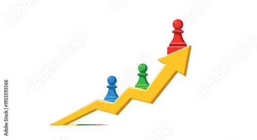 Three distinct chess pawns, colored blue, green, and red, are depicted climbing a prominent yellow arrow graph that steadily rises across a clean white backdrop.