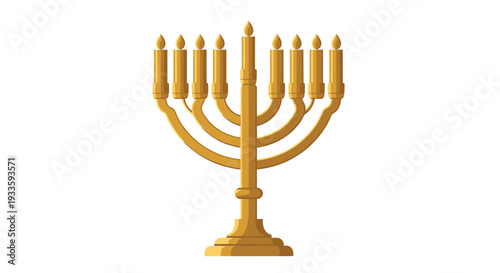 A traditional golden menorah with nine glowing golden candles, each emitting a warm flame, is prominently displayed on a clean white background.