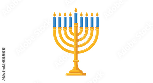A radiant golden menorah, adorned with nine brightly burning blue candles, each casting a distinct blue flame, is positioned centrally on a pure white background.