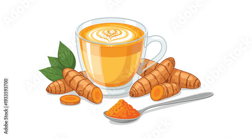 A clear glass cup of golden turmeric latte with white latte art is surrounded by turmeric roots, green leaves, and a silver spoon of powder on a white surface.