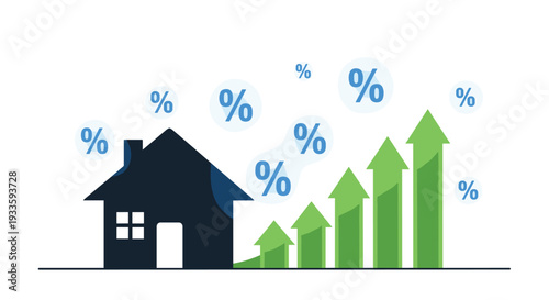 A dark blue house icon with white windows and floating blue percentage symbols is positioned next to a bar chart of progressively taller green arrows on a white background.