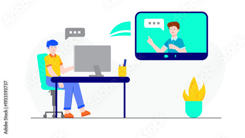 A freelancer working at his desk while having a video call with a colleague on a large screen