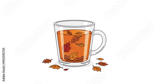 A clear glass mug filled with warm orange liquid and floating autumn leaves is surrounded by scattered leaves on a white surface.