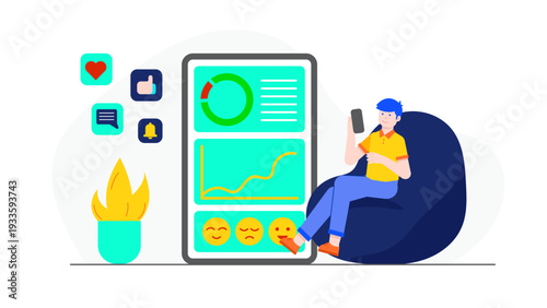 Marketing manager relaxing on a bean bag while checking social media performance data on a large screen