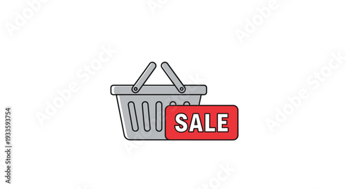A grey shopping basket with two handles and a red rectangular SALE sign attached to its side is depicted on a plain white background.