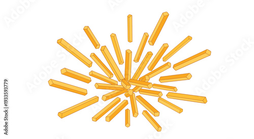 Multiple short, orange, hexagonal prism-shaped bars are radiating outwards from a central point on a clean white background.