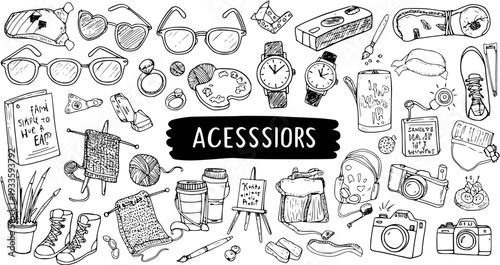 Hand-Drawn Doodle Sketch Collection of Everyday Accessories, Hobbies, and Lifestyle Objects in Black and White Outline