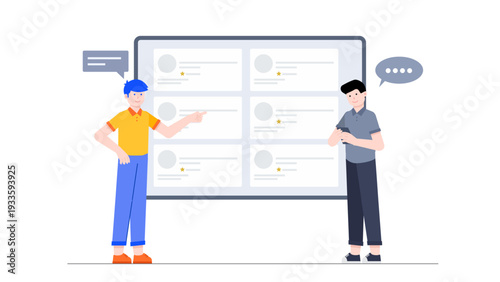 Two team members discussing and organizing various feature requests from users on a management board