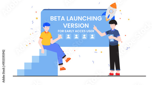 A professional startup team celebrating the launch of their beta software version for early access users