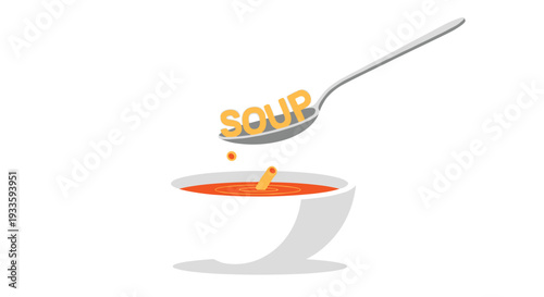 A silver spoon, holding alphabet-shaped pasta spelling SOUP, hovers above a white bowl containing orange liquid soup.