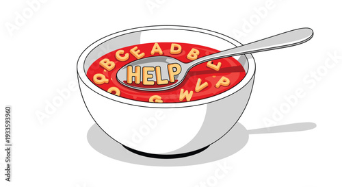 A white ceramic bowl filled with red alphabet soup contains a silver spoon scooping up pasta letters spelling HELP on a white background.