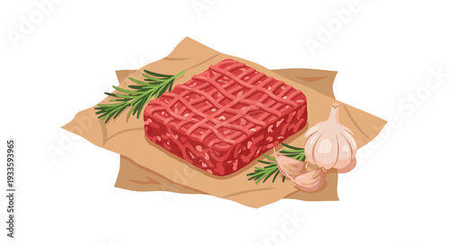 A rectangular block of raw ground beef rests on crumpled brown butcher paper with rosemary sprigs and garlic cloves on a white background.