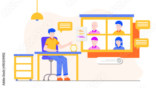 A freelancer working at his desk while joining an online session