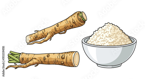 Two light brown horseradish roots, one with green leaves, are arranged next to a white ceramic bowl containing a generous pile of finely grated white horseradish.