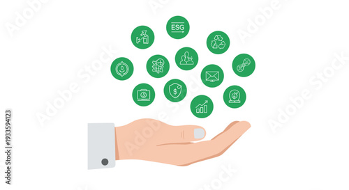 A light-skinned hand with a white cuff holds a floating cluster of twelve distinct green circular icons representing various ESG-related concepts.