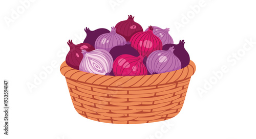 A rounded light orange woven basket is completely filled with a tightly packed assortment of red and purple onions, showcasing various magenta and violet hues.
