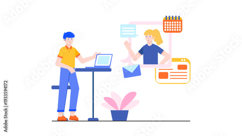 Freelancer working on a laptop while communicating in a virtual coworking space with a video call and calendar