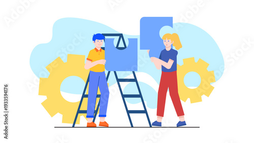 Two people collaborating on a puzzle to launch a beta product version