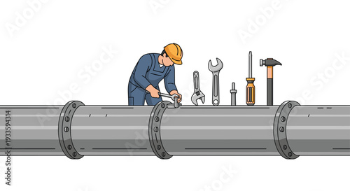 A diligent male worker in protective gear is meticulously tightening a bolt on a robust grey industrial pipeline using a wrench, surrounded by various tools.