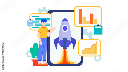 Startup team member standing next to a large smartphone launching a rocket with data charts and gears in the background representing a beta release