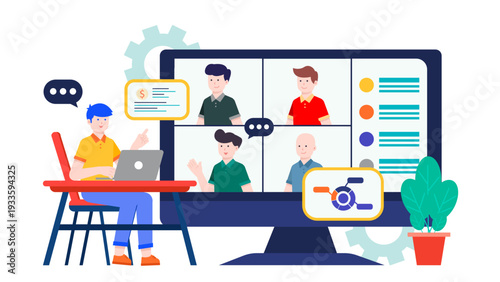 A freelancer participating in a virtual coworking meeting with colleagues on a large monitor