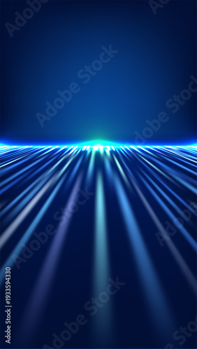 Blue technology background abstract light trails and glowing horizon high speed data transfer digital fiber optic communication  futuristic network perspective