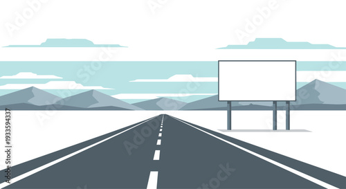 A long, straight asphalt road with white dashed lines extends towards distant mountains and a cloudy sky, featuring a blank billboard.