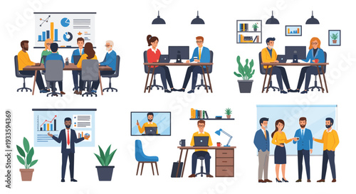 Six distinct, vibrant scenes illustrate various office and business activities, including meetings, collaborations, presentations, and remote work.