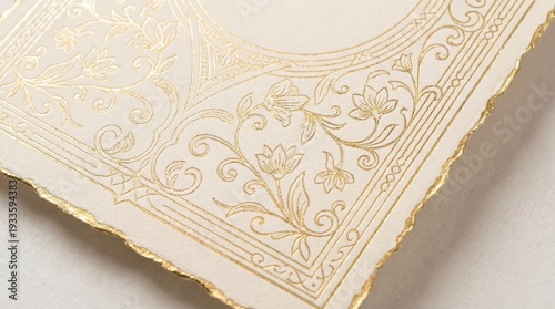 Elegant Gold Foil Ornate Floral and Geometric Design on Textured Cream Paper with Gilded Deckled Edges, Luxurious Vintage Decorative Border