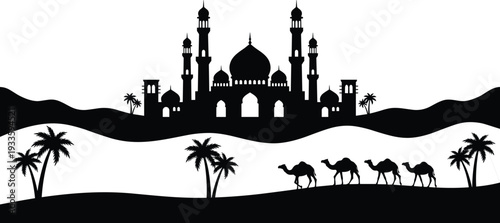 Arabian desert landscape with mosque silhouette, camels and palm trees, black and white Islamic vector illustration isolated on white background