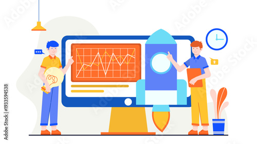 Two professionals launching a beta software version represented by a rocket and data charts on a screen